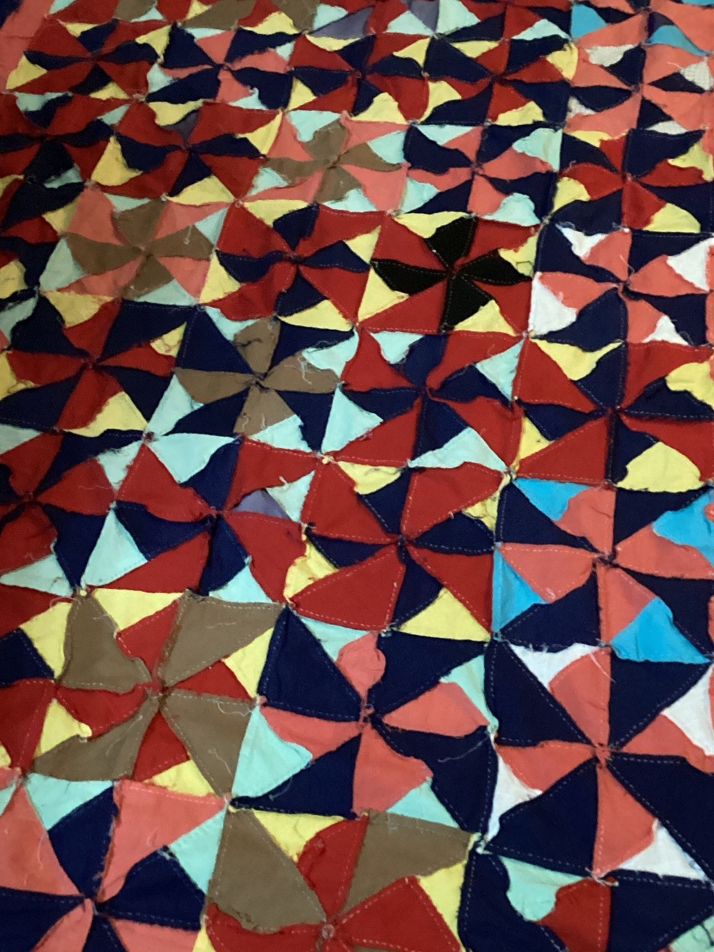 Vibrant Geometric Pinwheel handmade unfinished Quilt in Red, Navy & Yellow - Picture 4 of 4
